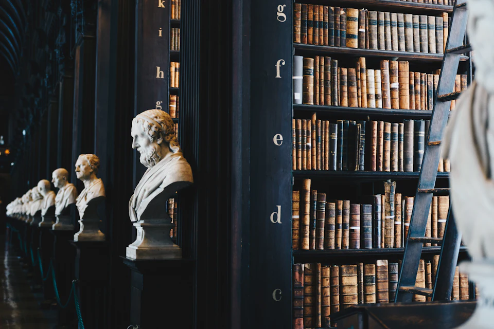 A classic library with marble busts